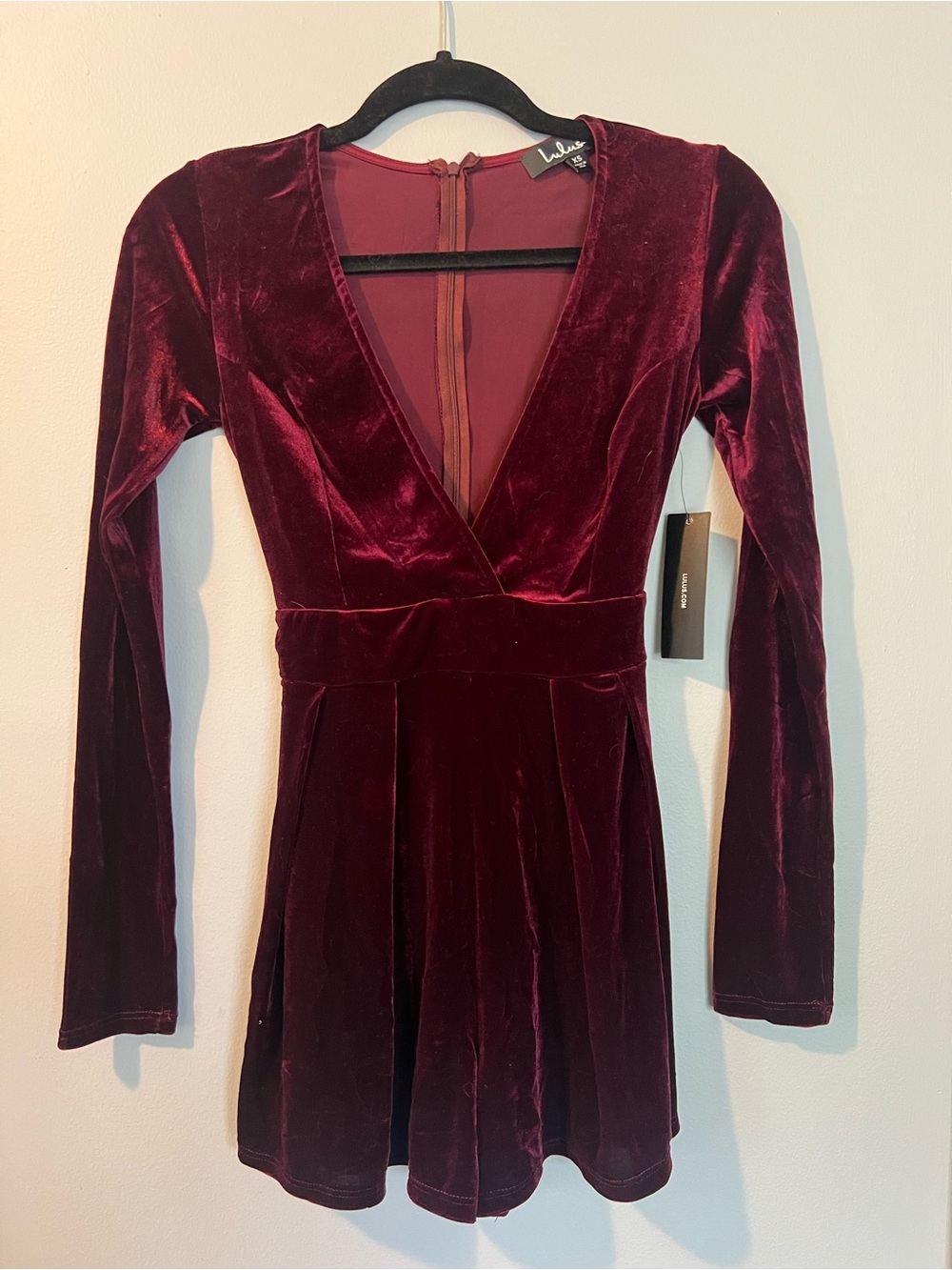 Lulu's Velvet V-Neck Long Sleeve Romper in Burgundy